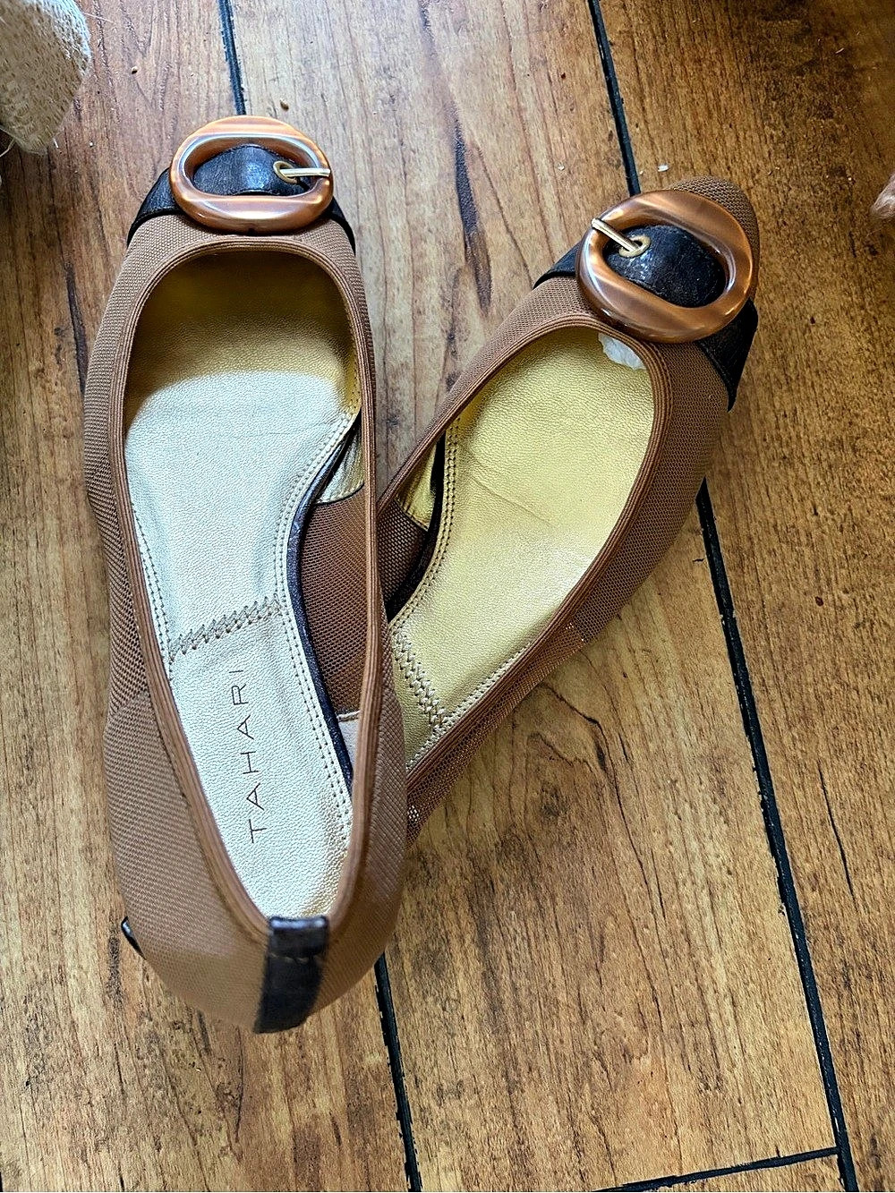 TAHARI Mesh Ballet Flats Brown Buckle